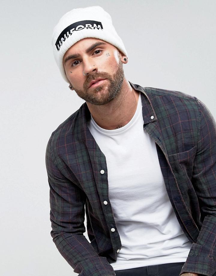 Asos Patch Beanie In White With Uniform Embroidery - White