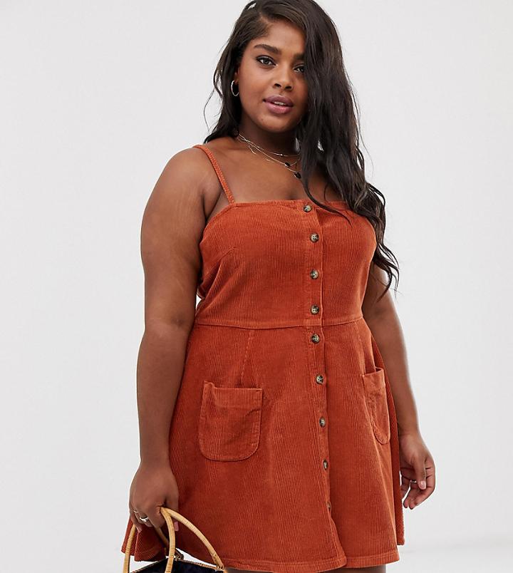 Asos Design Curve Cord Button Through Mini Dress In Tan - Tan