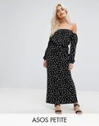 Asos Petite Bardot Long Sleeve Maxi Dress In Polka Dot - Multi