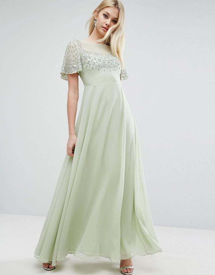 Asos Pretty Embellished Flutter Sleeve Maxi Dress - Green
