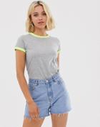 Brave Soul Claudia T Shirt With Contrast Neon Trim - Gray