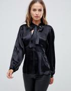 Asos Design Plunge Top In Satin With Pussybow Detail - Black