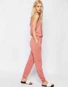 Asos Jersey Jumpsuit With Button Detail And Tie Waist - Salmon