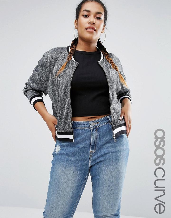 Asos Curve Bomber Jacket In Metallic Mesh - Silver