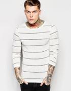 Asos Linen Mix Muscle Stripe Long Sleeve T-shirt With Boat Neck - Off White