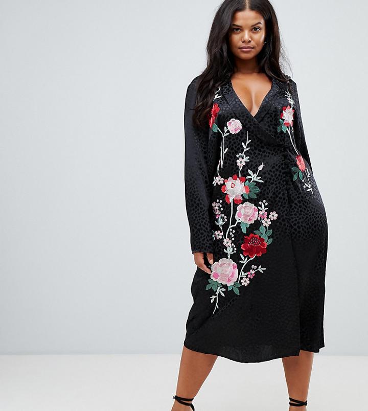 Asos Design Curve Embroidered Wrap Midi Dress - Black