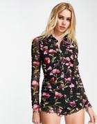 Asos Design Mesh Ruched Button Up Romper In Floral Print-multi
