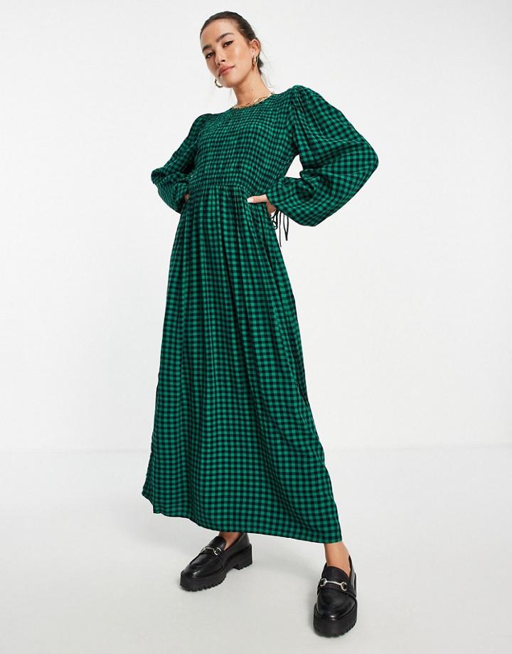 River Island Long Sleeve Shirred Collar Dress In Green