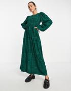 River Island Long Sleeve Shirred Collar Dress In Green