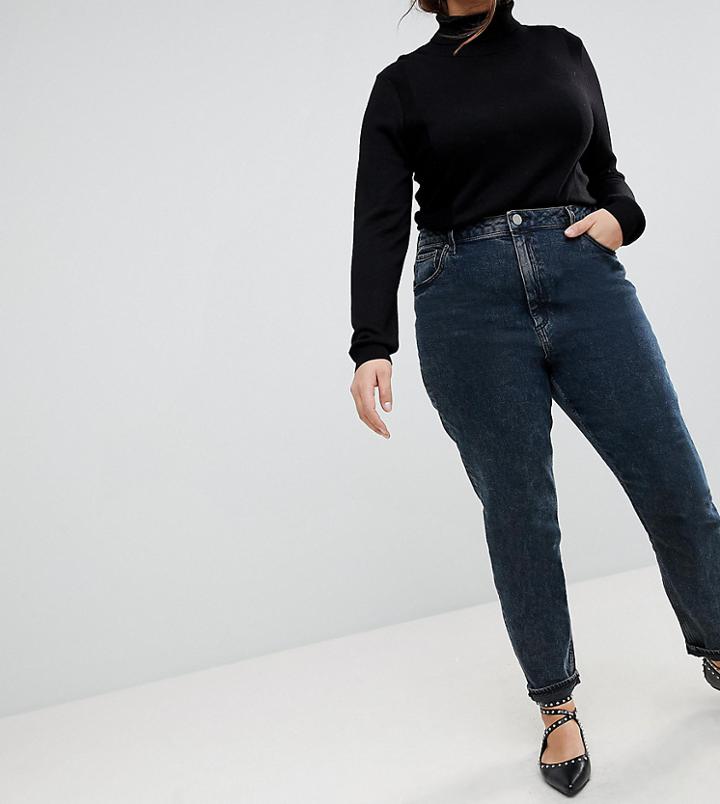 Asos Curve Farleigh High Waist Slim Mom Jeans In Valentine Mottled Blue/black Wash - Blue