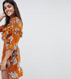 Parisian Tall Floral Print 3/4 Sleeve Ruffle Wrap Dress - Yellow