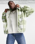 Asos Design Micro Fleece Funnel Neck Jacket In Green Check