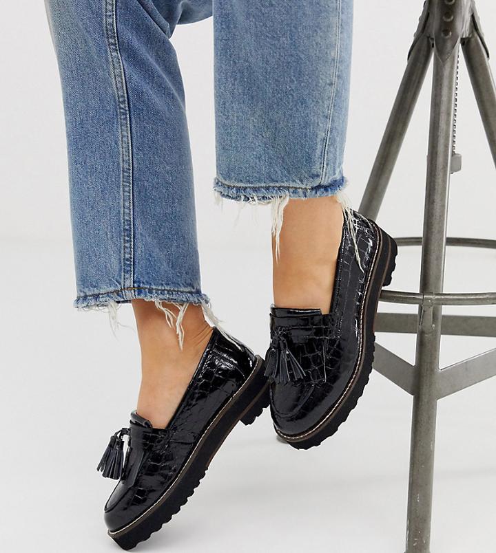 Asos Design Wide Fit Meze Chunky Fringed Leather Loafers In Black - Black
