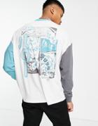 Asos Design Oversized Long Sleeve T-shirt In Blue Color Block With Back Print-multi
