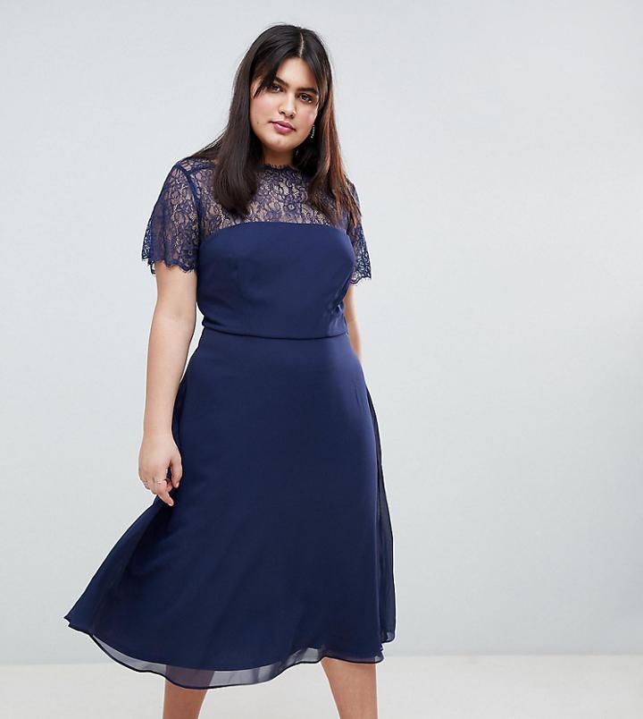 Asos Design Curve Lace Insert Paneled Midi Dress - Navy