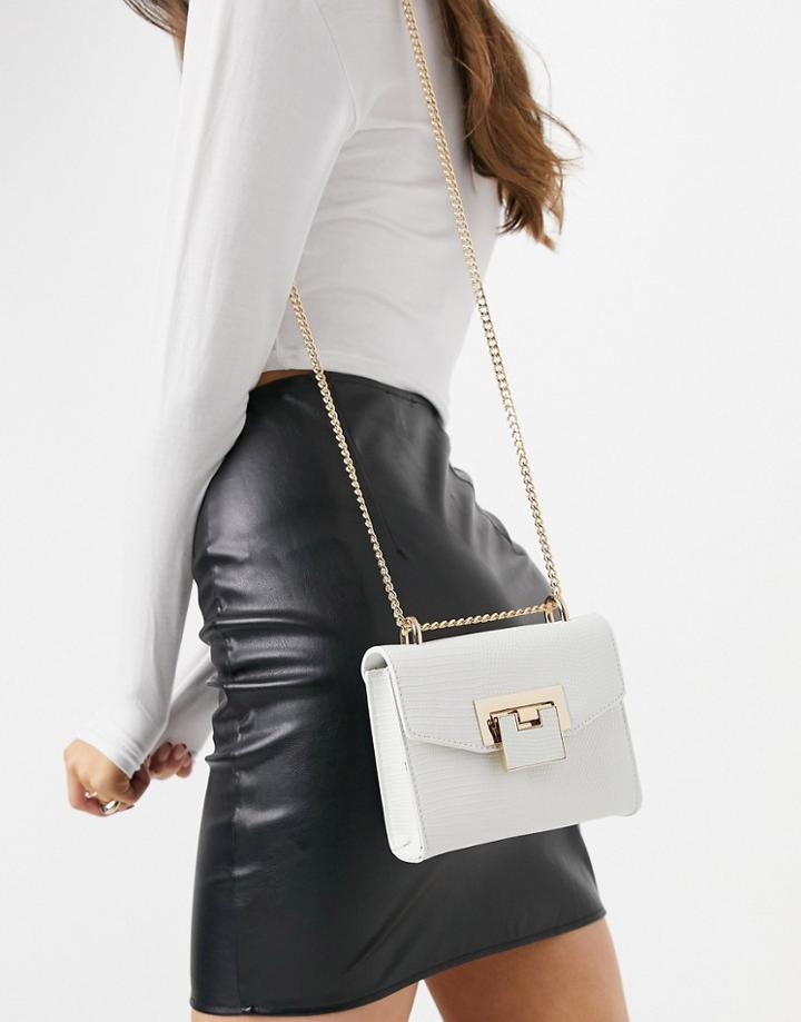 Asos Design Cross Body Bag With Shoulder Strap In White Lizard With Hardware Detail