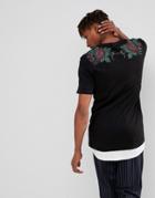 Asos Super Longline T-shirt With Pixel Rose Back Print And Hem Extender - Black