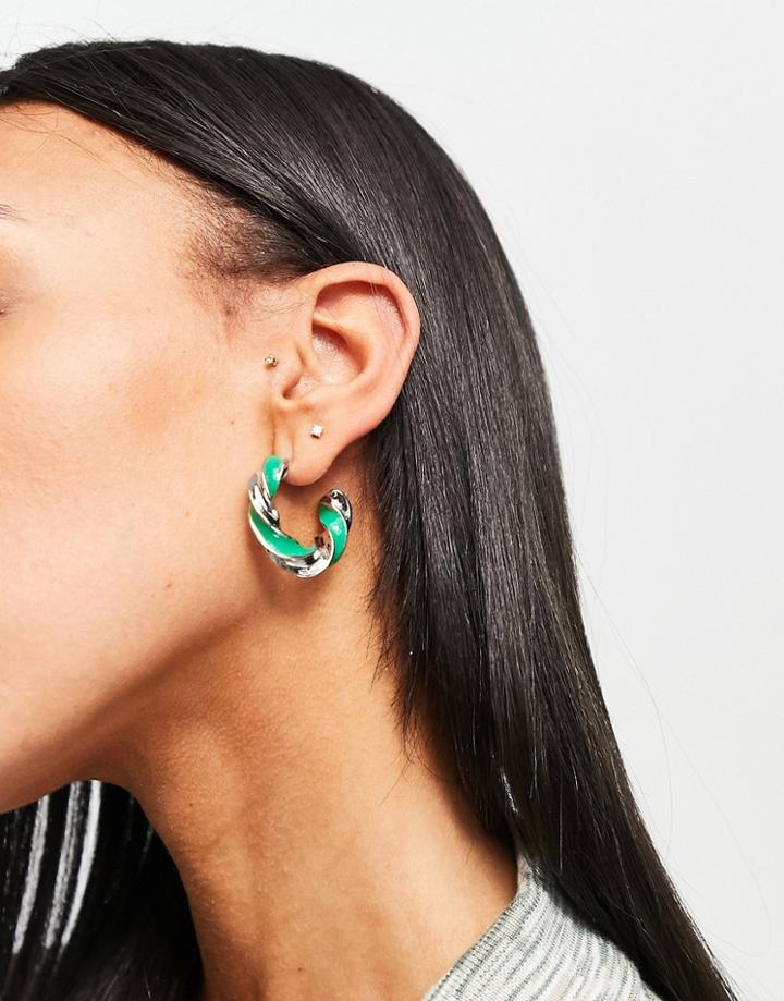 Topshop Chunky Twist Enamel Hoop Earrings In Silver-green