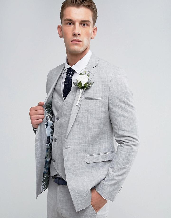 Asos Wedding Skinny Suit Jacket In Crosshatch Nep In Light Gray With Floral Print Lining