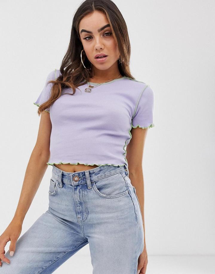 Asos Design Short Sleeve Crop T-shirt With Contrast Stitch In Lilac - Purple