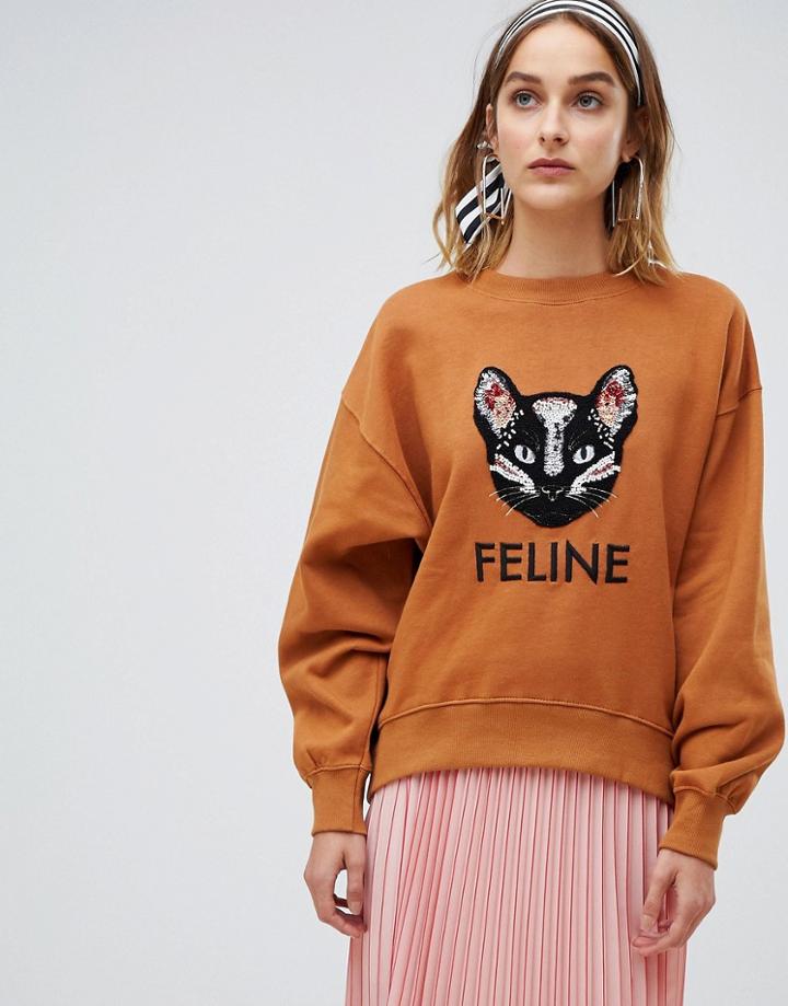 Stradivarius Cat Feline Sweat Top - Brown