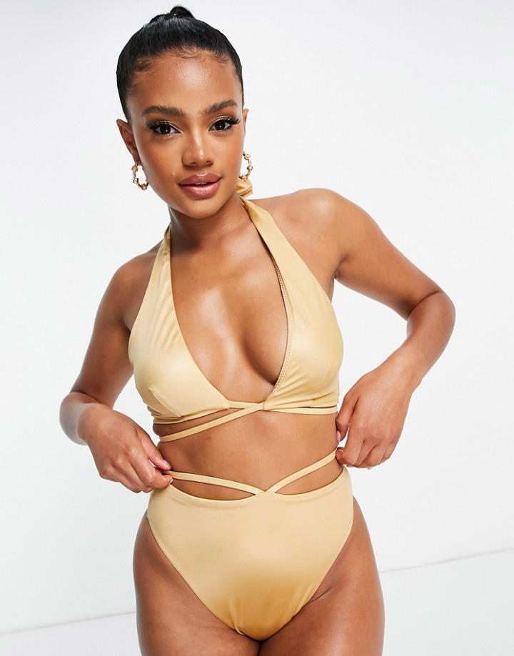 Asos Design Strap Detail High Waist Bikini Bottom In Champagne-white
