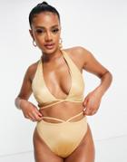 Asos Design Strap Detail High Waist Bikini Bottom In Champagne-white