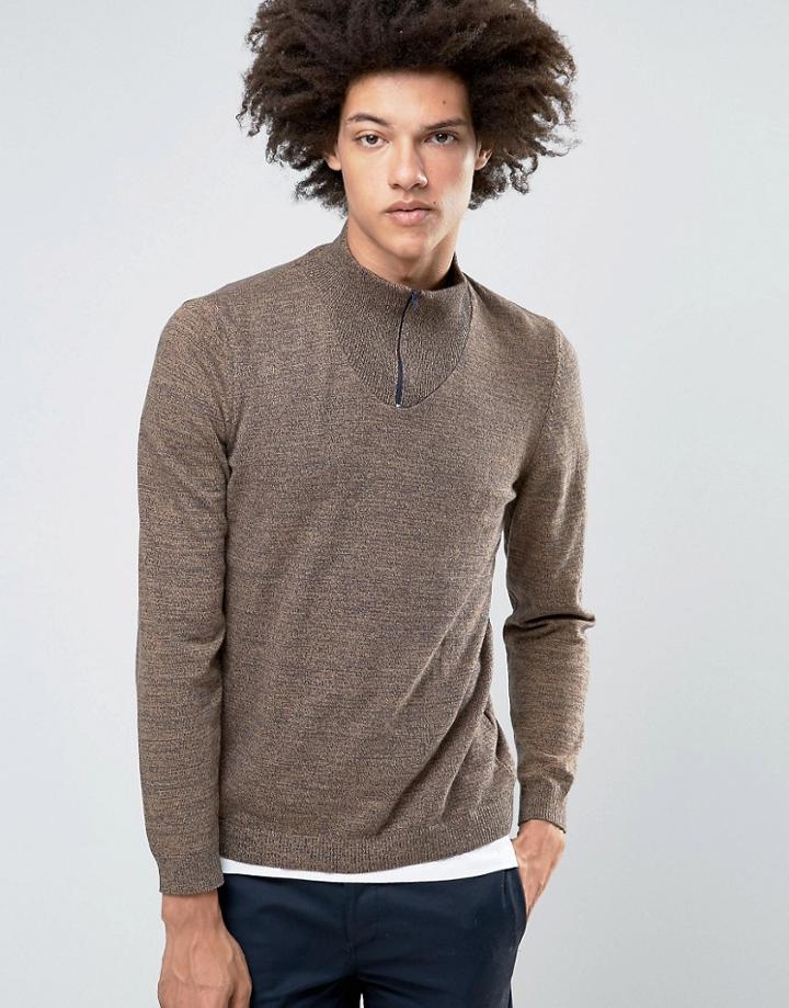 Asos Turtleneck Sweater With Zip In Navy And Tan Twist - Brown
