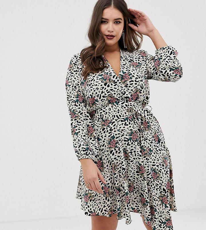 John Zack Plus Long Sleeve Wrap Tie Waist Dress In Floral Leopard - Multi