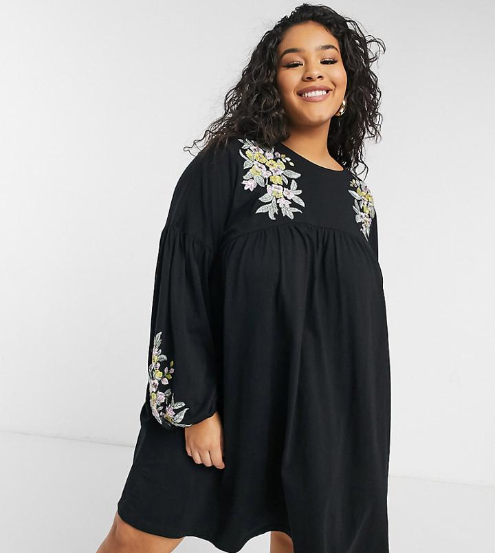 Asos Design Curve Mini Smock Dress With Long Sleeves In Black With Yellow Floral Embroidery
