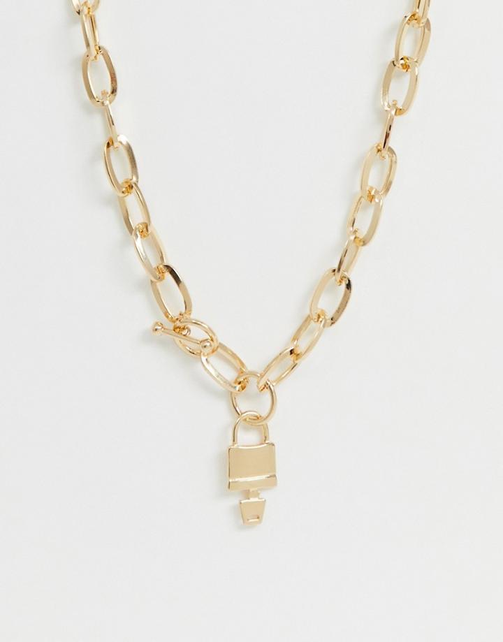 Asos Design Necklace In Hardware Chain With Padlock And Toggle In Gold Tone