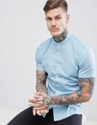Asos Design Slim Shirt In Blue With Short Sleeves & Grandad Collar - Blue