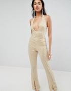 Asos Embellished Jumpsuit With Halter And Plunge Detail - Beige