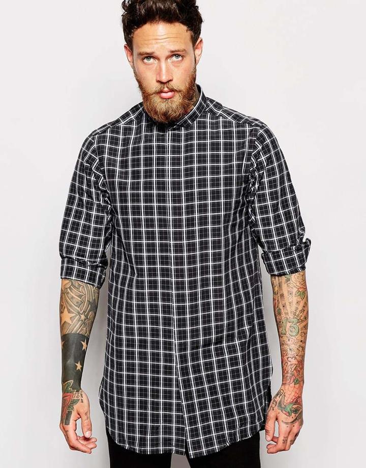 Asos Shirt In Longline With Monochrome Check - Black