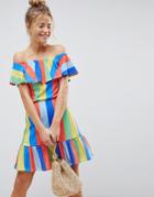 Asos Off Shoulder Sundress With Tiered Skirt In Rainbow Stripe - Multi