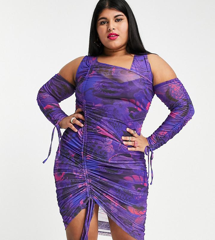 Asos Design Curve Ruched Mini Dress With Arm Sleeves In Printed Mesh-multi