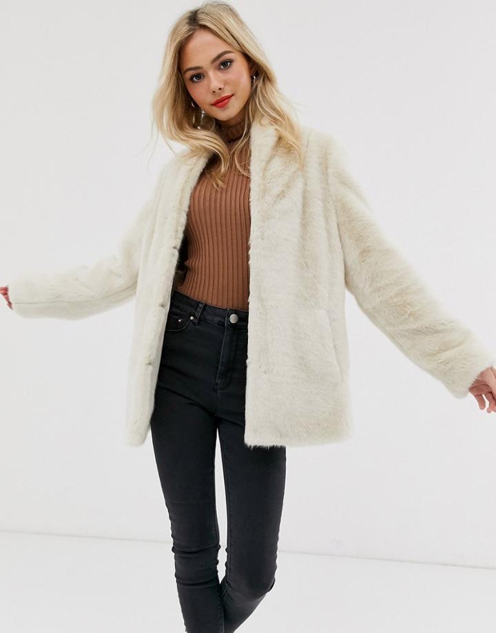 Asos Design Stand Collar Faux Fur Coat - Cream