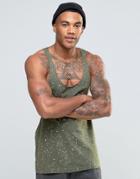 Asos Tank With All Over Splatter Print And Raw Edge Extreme Racer Back - Green