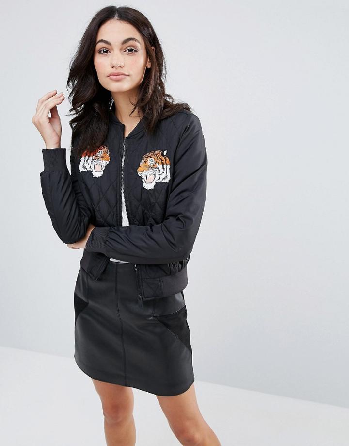 Brave Soul Bomber Jacket With Tiger Badges - Black
