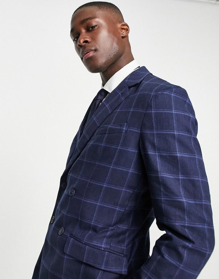 Selected Homme Double Breasted Suit Jacket In Navy Check Linen Mix