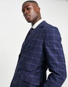 Selected Homme Double Breasted Suit Jacket In Navy Check Linen Mix