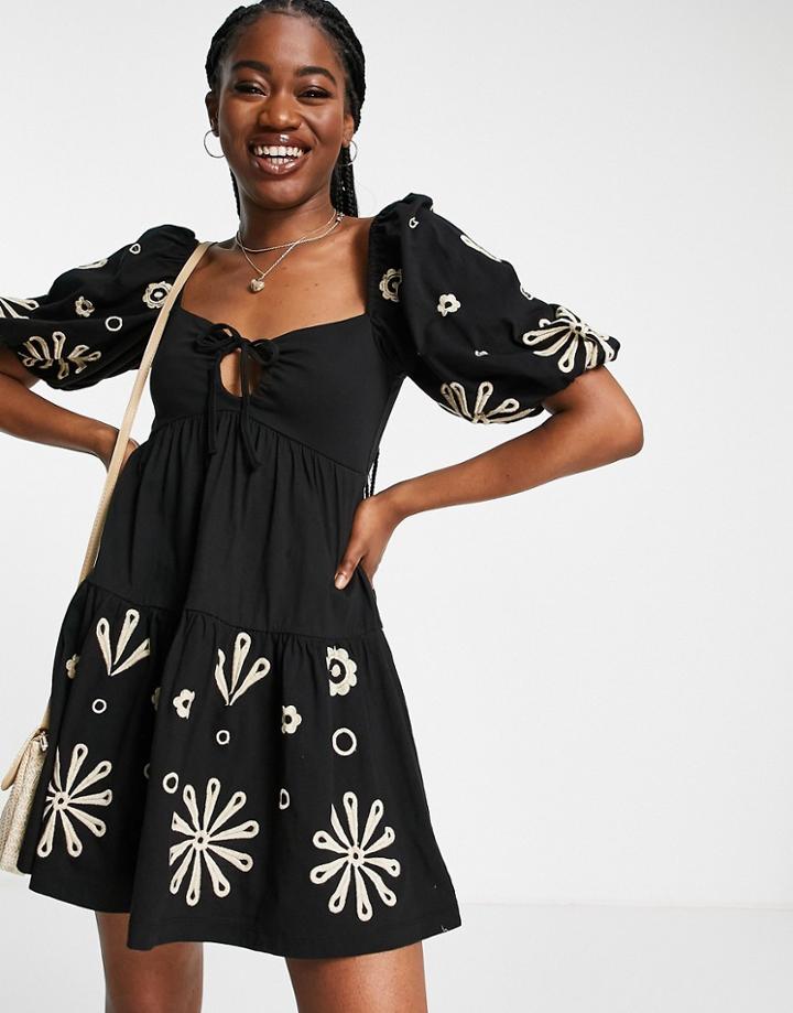Asos Design Puff Sleeve Mini Dress With Cream Embroidery In Black