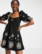 Asos Design Puff Sleeve Mini Dress With Cream Embroidery In Black