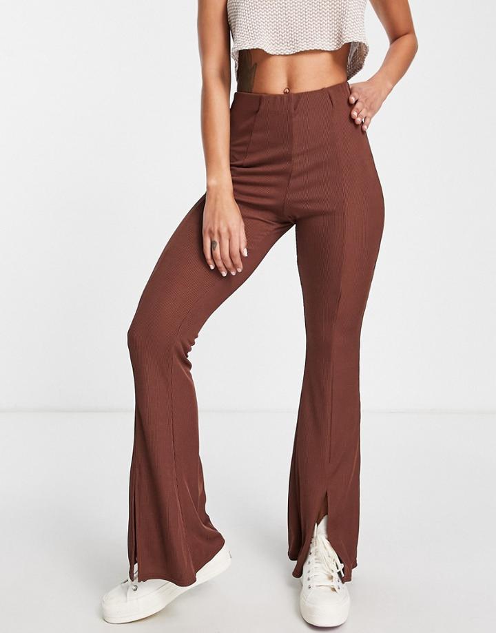 New Look Ribbed Split Front Flare Pants In Brown