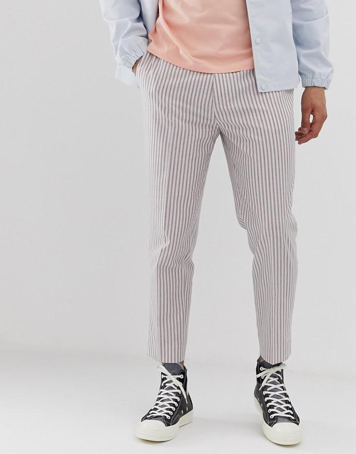 Asos Design Skinny Crop Pants In White Linen With Stripe - White