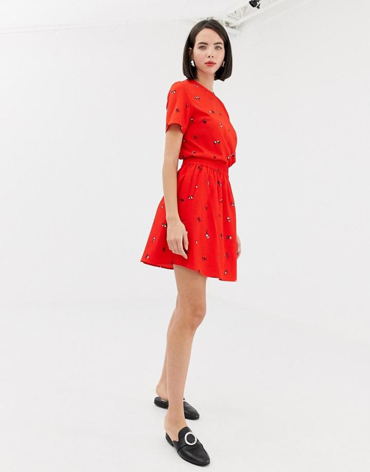 Pieces Ditsy Floral Mini Skater Skirt In Red