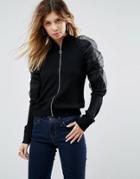 Asos Cardigan With Zip Front And Woven Detail - Black
