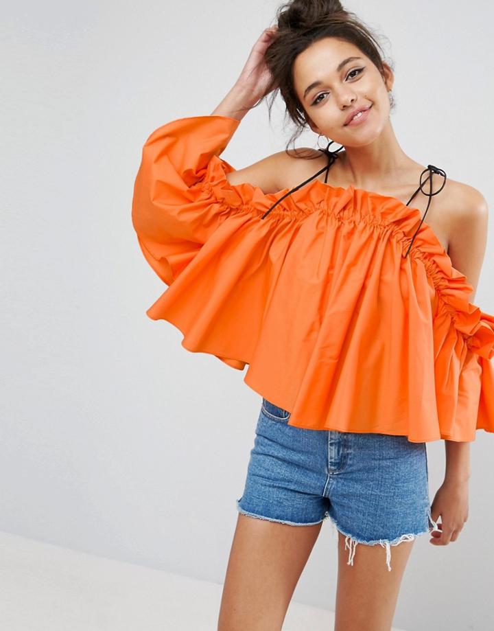Asos Premium Structured Cotton Cold Shoulder Top With Contrast Strap - Orange