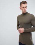 Asos Design Muscle Fit Long Sleeve T-shirt With Roll Neck In Khaki - Green