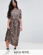 Asos Petite Midi Dress In Leopard With Self Tie Belt - Multi